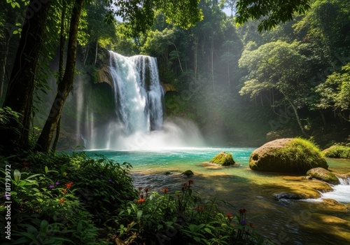 Lush tropical rainforest waterfall cascading into an azure pool with vibrant green foliage and serene natural landscape