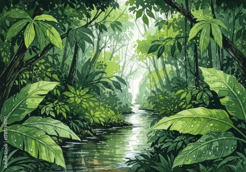 Lush tropical rainforest stream with vibrant green foliage and glistening water droplets, watercolor illustration.