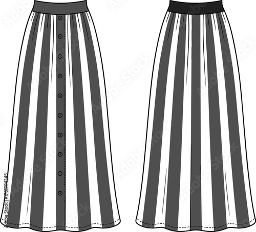 Vector CAD drawing of striped skirts with button-down and plain waistband variations for fashion design and garment construction illustration