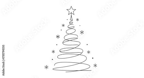 A minimalist Christmas tree created with a single continuous one line drawing, an elegant vector illustration perfect for holiday greetings
