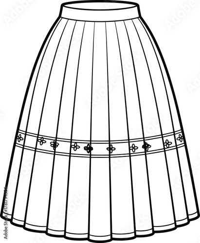 Vector CAD drawing of pleated skirt with waistband, floral trim band, and flared silhouette for fashion design and garment illustration