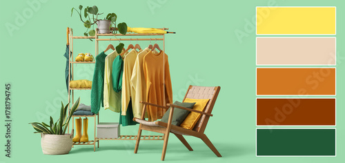 Rack with clothes, armchair...
