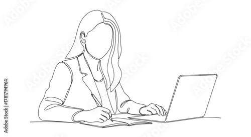 One Line Art Continuous Single Line Drawing of a Woman Working