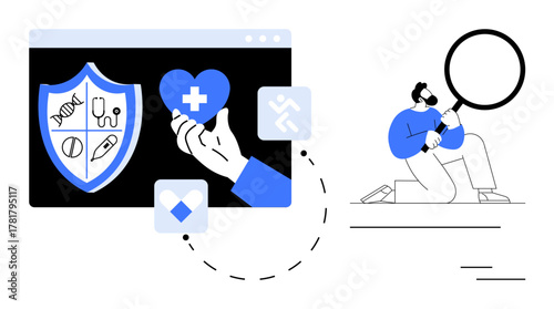 Shield with healthcare icons, hand holding heart, person analyzing with magnifying glass. Ideal for medical research, insurance, telemedicine, health technology, wellness, prevention simple flat