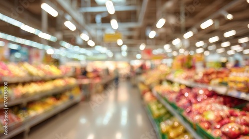 Wallpaper Mural Blurred background highlighting colorful produce in a modern supermarket filled with shoppers during a bustling afternoon Torontodigital.ca