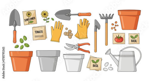 Gardening Tools and Supplies A Colorful Illustration for Planting and Cultivating Flowers and Plants