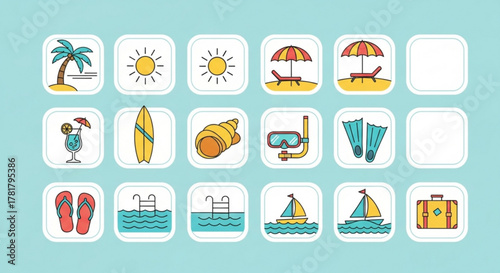 Illustration of summer vacation icons including a palm tree, sun, beach chair, cocktail, and suitcase