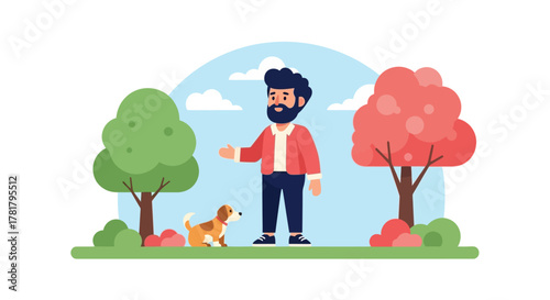 Bearded man walking his cute beagle puppy in a beautiful city park on a sunny day, a modern flat style vector illustration