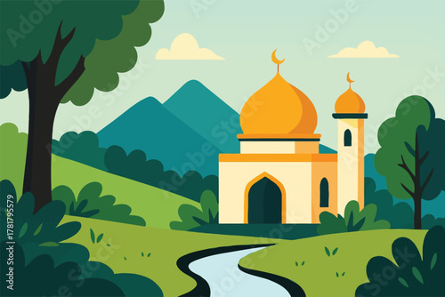 Mosque with golden dome and minaret in nature landscape illustration