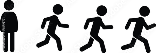 Running motion silhouette sequence, human figure progression, standing to running, athletic movement, exercise, fitness, sport activity, physical training vector illustration