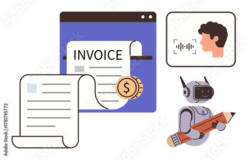 Digital invoice with dollar coin, AI voice recognition scanning profile, robot holding pencil for creativity or automation. Ideal for fintech, AI, automation, design, technology, innovation