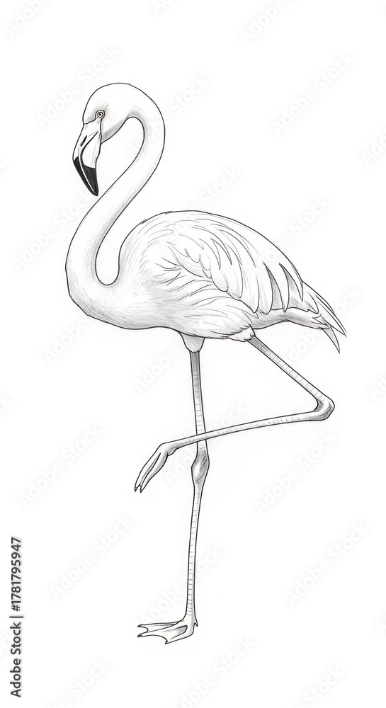Obraz premium Elegant Flamingo Standing on One Leg in Detailed Sketch.