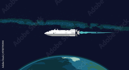 A white spacecraft, propelled by blue exhaust, travels through dark space above Earth, symbolizing future exploration and technological advancement.