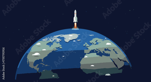 A sleek rocket launches from the top of a stylized Earth, symbolizing global innovation, technological advancement, and the exciting future of space exploration.