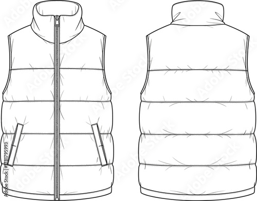Sleeveless puffer vest flat sketch, technical fashion drawing, front back view, CAD vector template, apparel design illustration, quilted garment silhouette