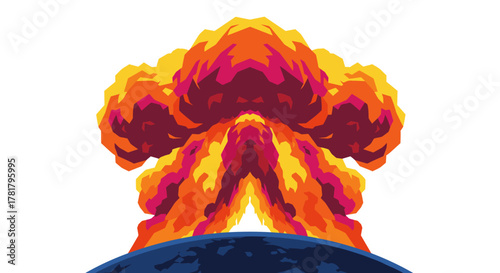 A vivid, catastrophic explosion of fiery red, orange, and yellow smoke dramatically erupts from a dark blue surface, symbolizing immense power and destructive force.