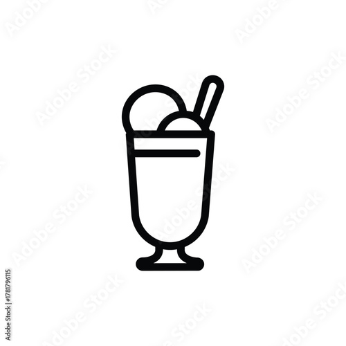 Ice cream milkshake line icon, outline illustration of cold drink in tall glass with scoop, straw, and spoon, representing dessert beverage or sweet treat