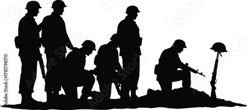 Soldier silhouettes, battlefield cross vector, fallen hero tribute, military mourning illustration, army respect, war remembrance, comrades honor, sacrifice, patriotism, memorial