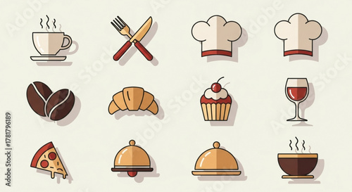 Flat vector illustration of various food and drink items including coffee beans pizza and a wine glass