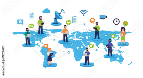 Global communication network concept with people connecting across the world map using modern technology