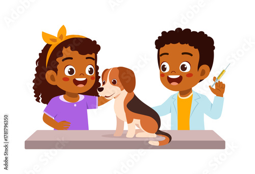 African little girl stroking dog near african veterinarian holding syringe with smiling expression