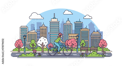 City cycling adventure A colorful illustration of a person riding a bicycle in an urban environment