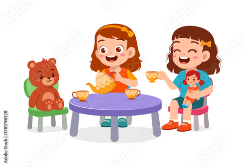 Two happy little girls play tea party with teddy bear illustration art
