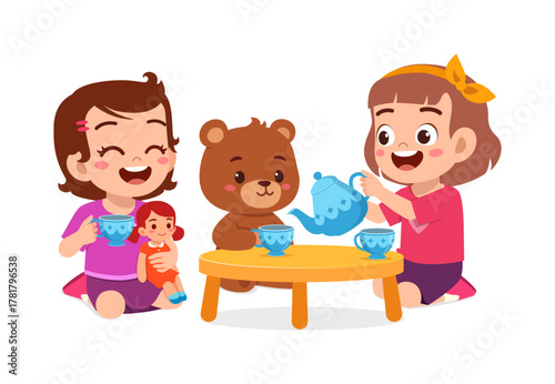 Two Happy Little Girls Play Tea Party with Teddy Bear and Doll Illustration