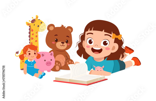 Happy Girl Reading Book with Giraffe Bear Pig and Doll Lying on Floor in Illustration