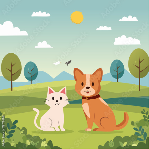 idyllische Landschaft mit einem Hund und einer Katze, sie sitzen auf einer Wiese, im Hintergrund sind berge und Bäume und die Sonne steht am Himmel