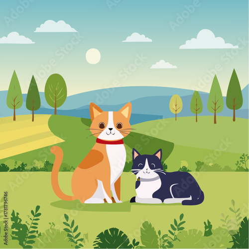 idyllische Landschaft mit zwei Katzen, sie sitzen auf einer Wiese, im Hintergrund sind berge und Bäume und die Sonne steht am Himmel