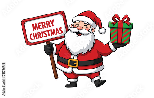 Jolly Santa Claus spreading festive cheer with a 'Merry Christmas' sign and a delightful present, perfect for holiday greetings