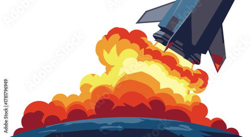 A powerful rocket ignites its engines, launching skyward with a fiery blast, symbolizing progress and ambitious future endeavors.