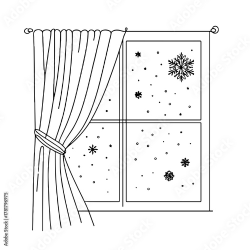 Contour window with curtains and snowflakesWinter windows and interiors  Christmas outline / minimal vector