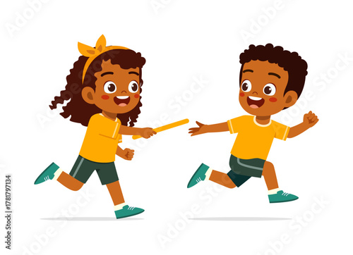 African American Kids running relay with happy expression and wearing yellow shirt