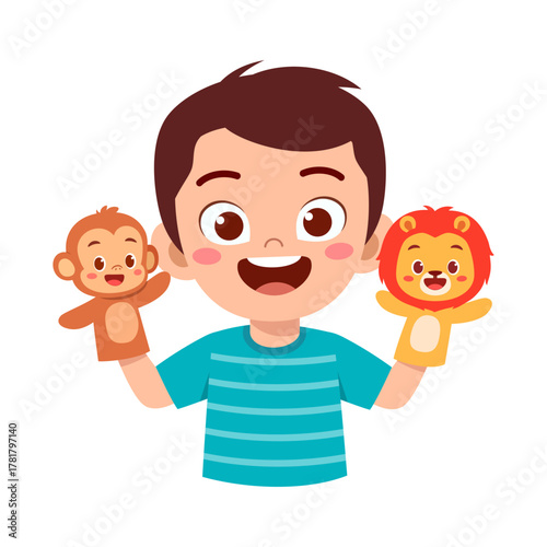 Happy Young Boy Playing with Monkey and Lion Finger Puppets Isolated Cartoon Style Illustration