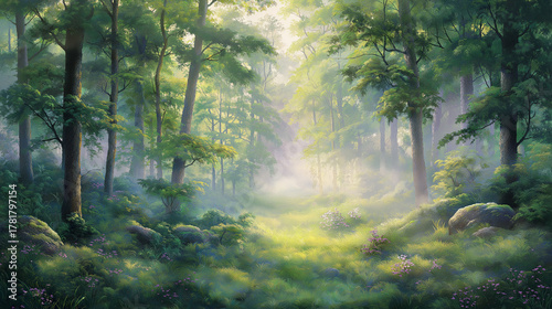 緑豊かな木々の中に日差しが差し込む