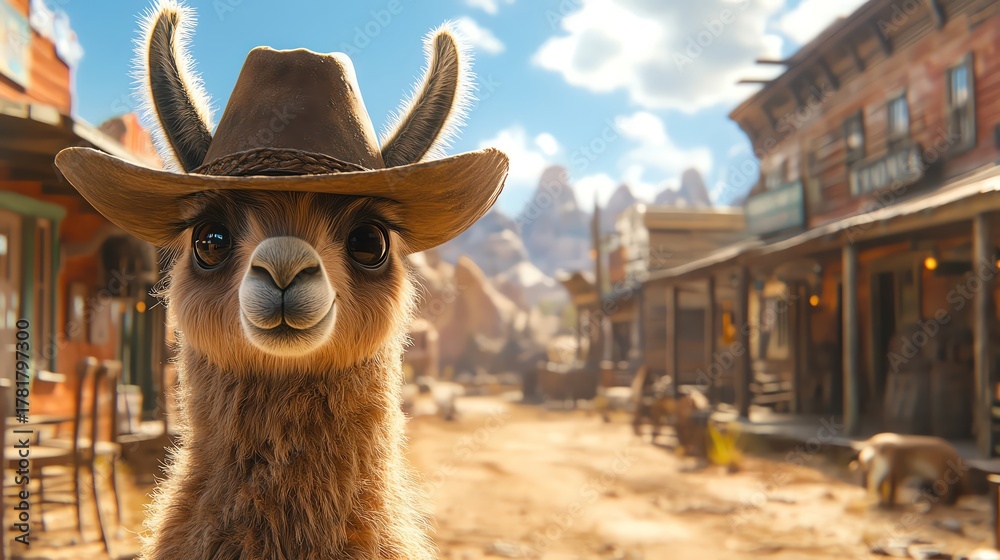 Obraz premium Baby llama wearing hat beside western saloon, cinematic realism