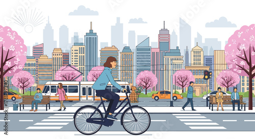 Cycling through City Springtime Commute with Blooming Trees