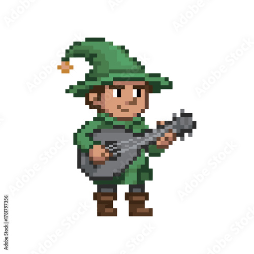 Medieval Bard Character in Green Attire Playing a Lute, Rendered in Retro 8-Bit Pixel Art Style for Fantasy Role-Playing Game (RPG) Asset.