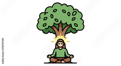 Illustration of a person achieving spiritual enlightenment and inner peace through meditation under a tree