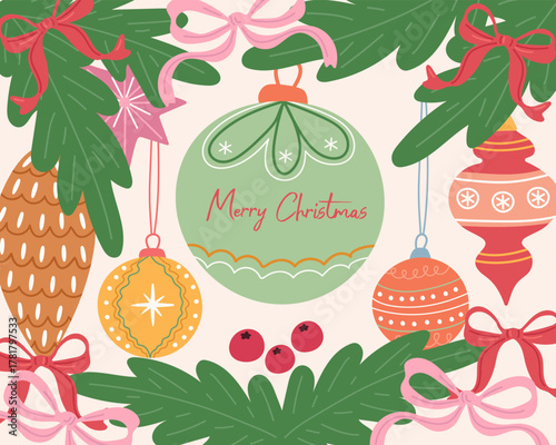 A cheerful Christmas tree and pine branch with a ribbon bow. Festive illustration for a greeting card. Christmas background for a winter holiday.