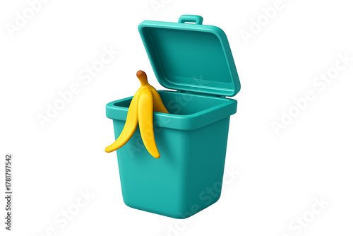 3D render of a yellow banana peel being discarded in a vibrant turquoise trash can with an open lid, isolated on a transparent background