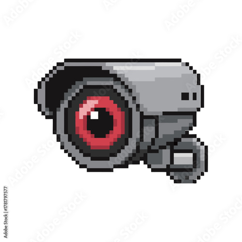 Futuristic Security Camera or Surveillance System in 8-Bit Pixel Art Style, Featuring a Sinister Red Eye for Sci-Fi and Technology Video Game Graphic Asset.
