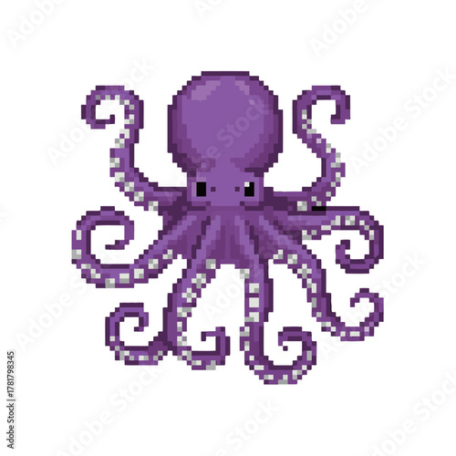 Cute Purple Octopus with Curling Tentacles in 8-Bit Pixel Art Style, Designed as a Sea Creature or Wildlife Sprite for an Underwater Video Game Level.