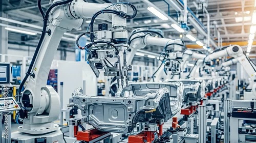 Automated robotic arms working on car chassis in a modern factory setting video generative ai