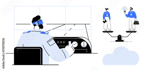 Pilot operating cockpit instruments, people balancing on scales holding ideas and documents. Ideal for teamwork, decision-making, leadership, balance, aviation, problem-solving, simple flat metaphor