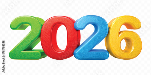 realistic 3d colorful three dimensional 2026 typography Isolated on a transparent background