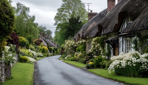 Fototapeta Naklejka Na Ścianę i Meble -  Quaint English Village Street on Overcast Day Charming Cottages with Thatched Roofs and Flower Gardens Picturesque Village Lane Scenic English Countryside Travel Destination