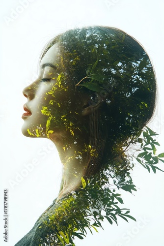 Woman with nature double exposure, green foliage overlay, profile view, artistic concept